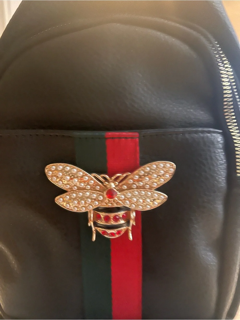 Black Mini Backpack with Red & Green Stripe and Gold Bee Accent